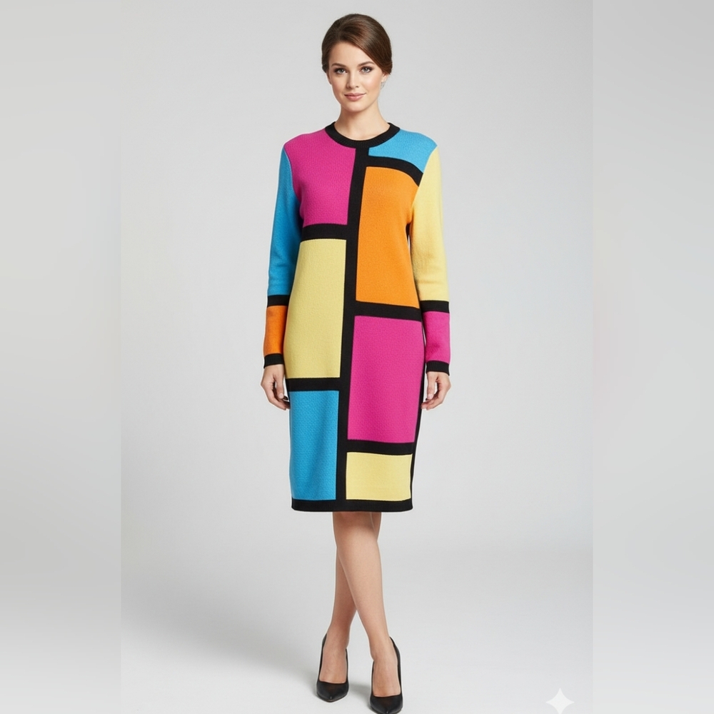 Antonella Preve New York‎ Vintage Knit Color Block Long Sleeves Dress